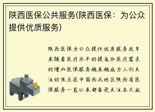 陕西医保公共服务(陕西医保：为公众提供优质服务)
