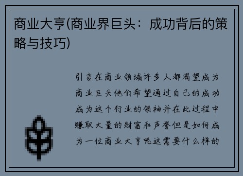 商业大亨(商业界巨头：成功背后的策略与技巧)